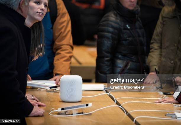 An employee demonstrates the HomePod speaker on the first day of sales at an Apple Inc. Store in New York, U.S., on Friday, Feb. 9, 2018. Apple...