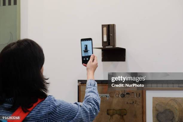 Spectator takes a photo of an art installation at the India Art Fair 2018 held on the Okhla NSIC grounds in New Delhi on February 9th, 2018. The...