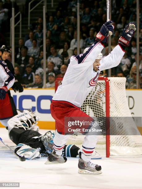 Rick Nash of the Columbus Blue Jackets celebrates after scoring on goalie Evgeni Nabokov of the San Jose Sharks in the first period of their game at...