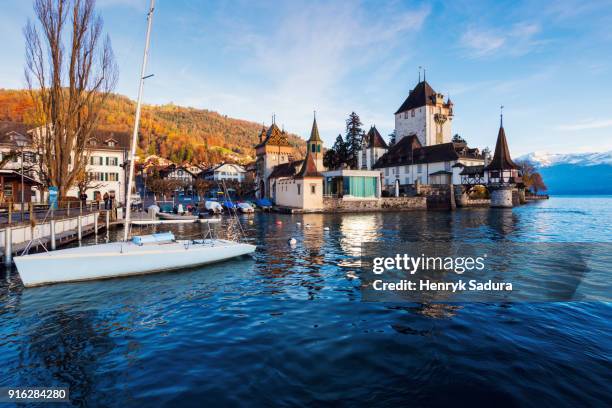 oberhofen castle and lake thun - oberhoffen castle stock pictures, royalty-free photos & images