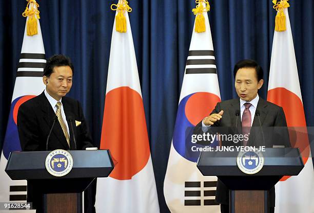 Japanese Prime Minister Yukio Hatoyama and South Korean President Lee Myung-Bak hold a joint press conference after a summit at the presidential Blue...