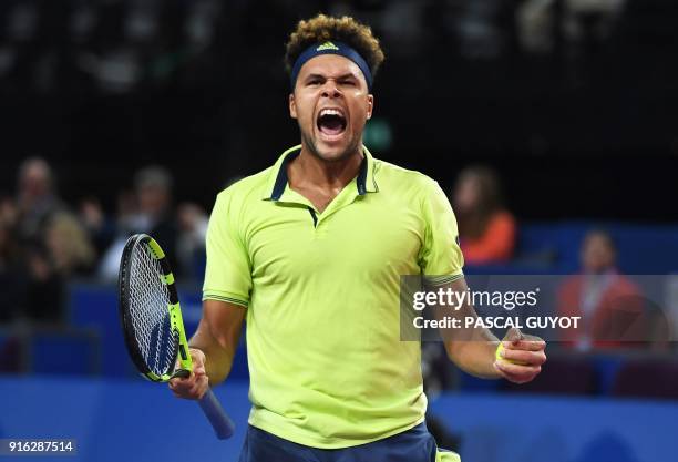 France's Jo-Wilfried Tsonga reacts after winning against Russia's Andrey Rublev during their quarter-final singles tennis match at the Open Sud de...