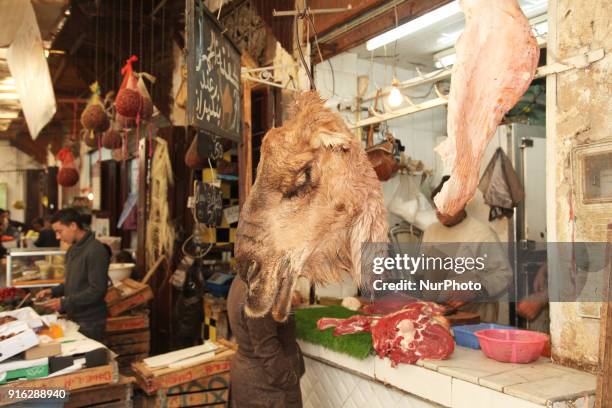 The head of a camel hangs by a shop selling camel meat in Fez in Morocco, Africa.