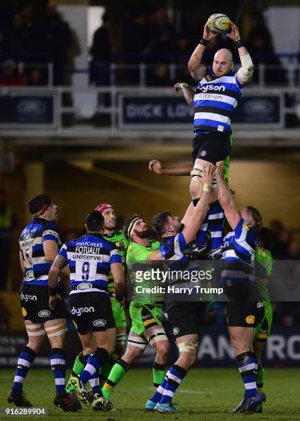 Matt Garvey of Bath Rugby wins the line-out ball during the Aviva Premiership match between Bath Rugby and Northampton Saints at Recreation Ground on...