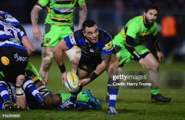 Kahn Fotuali'i of Bath Rugby passes the ball from the scrum during the Aviva Premiership match between Bath Rugby and Northampton Saints at...