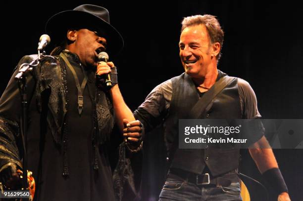 Clarence Clemons, Bruce Springsteen and The E Street Band perform at Giants Stadium on October 8, 2009 in East Rutherford, New Jersey.