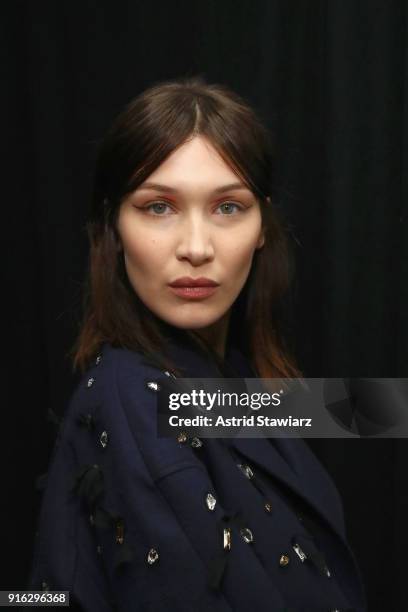 Model Bella Hadid poses backstage with TRESemme At Jason Wu NYFW AW18 on February 9, 2018 in New York City.