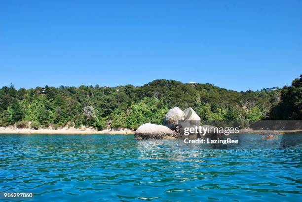 kayakers in hired kayak paddle around split apple rock, able tasman national park, tasman region, new zealand - kaiteriteri stock pictures, royalty-free photos & images