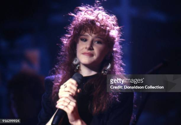 Pop star Tiffany performs on a TV show in 1987 in Los Angeles, California.