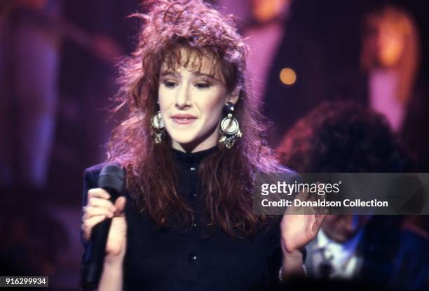 Pop star Tiffany performs on a TV show in 1987 in Los Angeles, California.