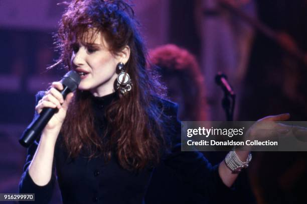 Pop star Tiffany performs on a TV show in 1987 in Los Angeles, California.