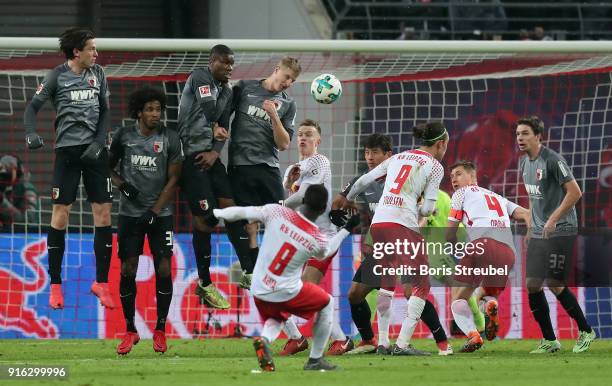 Naby Keita of RB Leipzig scores his team's second goal with a free-kick during the Bundesliga match between RB Leipzig and FC Augsburg at Red Bull...