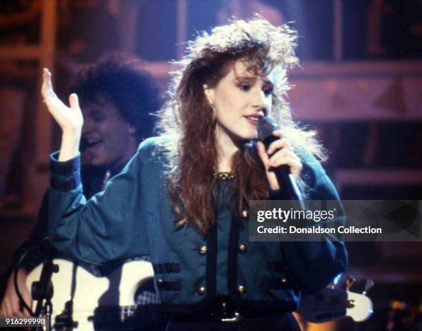 Pop star Tiffany performs on a TV show in 1987 in Los Angeles, California.