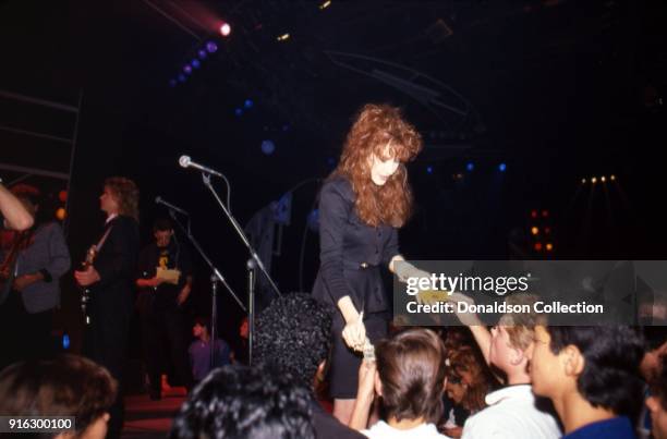 Pop star Tiffany performs on a TV show in 1987 in Los Angeles, California.