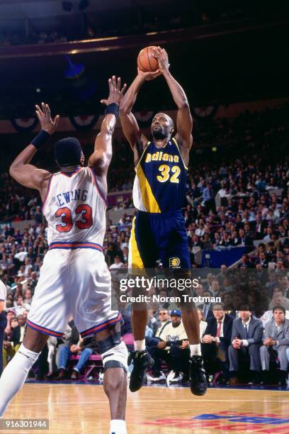 Dale Davis of the Indiana Pacers shoots during Game Two of the Second Round of the 1995 NBA Playoffs played on May 9, 1995 at Madison Square Garden...