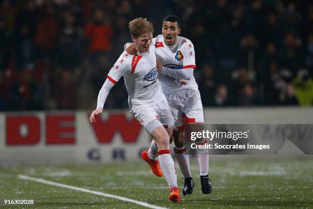 Jerdy Schouten of Telstar celebrates 3-3 with Anass Najah of Telstar during the Dutch Jupiler League match between Telstar v Ajax U23 at the Rabobank...