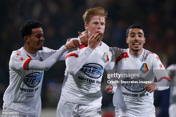 Jerdy Schouten of Telstar celebrates 3-3 with Joakim Balmy of Telstar, Anass Najah of Telstar during the Dutch Jupiler League match between Telstar v...