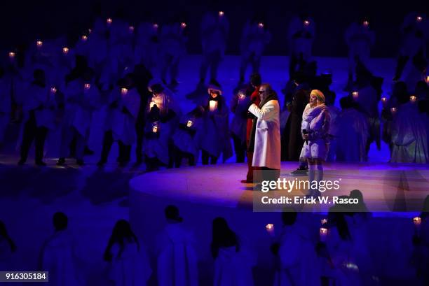 Winter Olympics: Singers Ha Hyun-woo, Lee Eun-mi, Jeon In-kwon and An Ji-Yeong performing during ceremony at PyeongChang Olympic Stadium,...