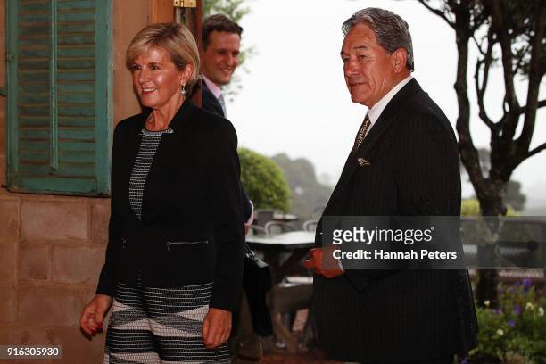 Australian Minister of Foreign Affairs Julie Bishop arrives with New Zealand Deputy Prime Minister Winston Peters at Mudbrick vineyard on February...