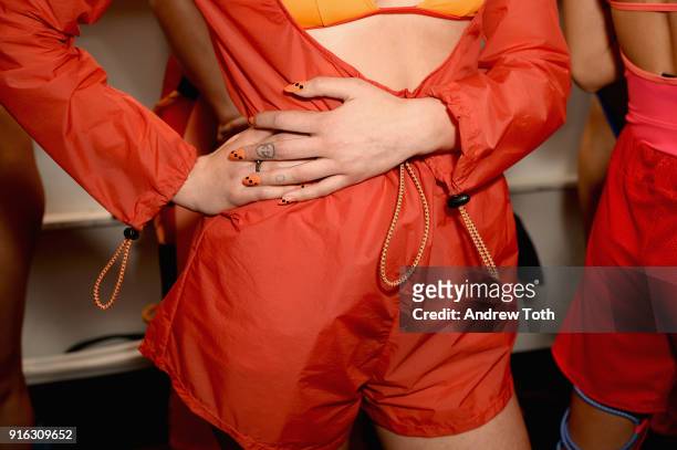 Model poses backstage for Chromat AW18 during New York Fashion Week at Industria Studios on February 9, 2018 in New York City.