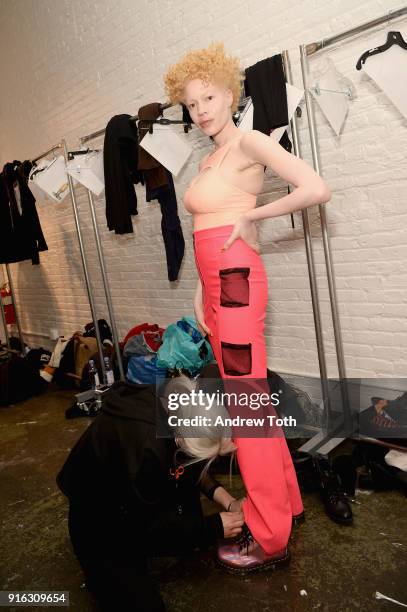 Model poses backstage for Chromat AW18 during New York Fashion Week at Industria Studios on February 9, 2018 in New York City.