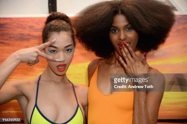 Models pose backstage for Chromat AW18 during New York Fashion Week at Industria Studios on February 9, 2018 in New York City.