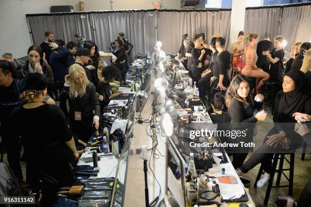 Models pose backstage for Chromat AW18 during New York Fashion Week at Industria Studios on February 9, 2018 in New York City.