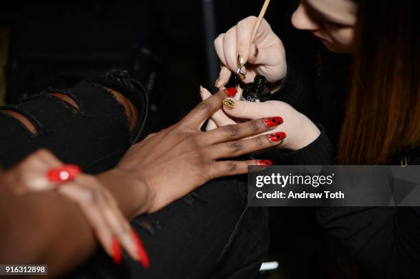 View of nails backstage for Chromat AW18 during New York Fashion Week at Industria Studios on February 9, 2018 in New York City.