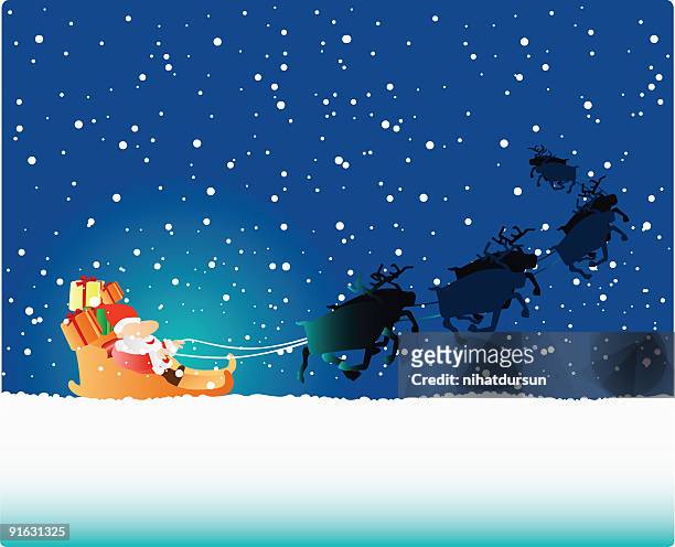 santa on his sleigh with reindeer - bell curve stock illustrations