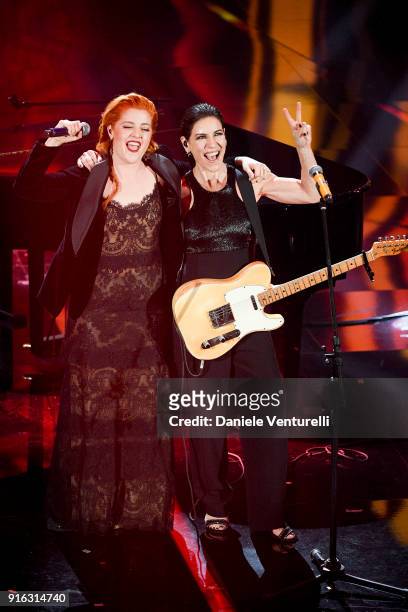 Noemi and Paola Turci attend the fourth night of the 68. Sanremo Music Festival on February 9, 2018 in Sanremo, Italy.