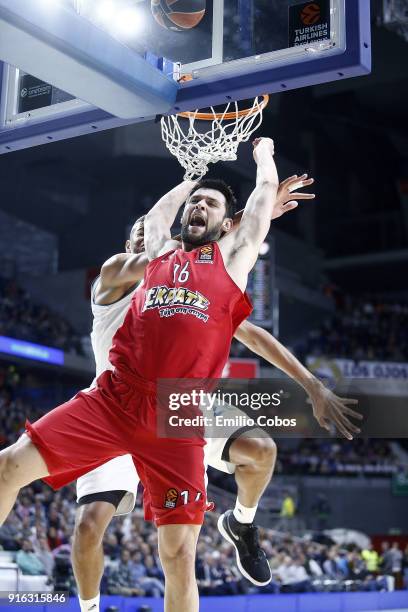 Kostas Papanikolaou, #16 of Olympiacos Piraeus in action during the 2017/2018 Turkish Airlines EuroLeague Regular Season Round 22 game between Real...