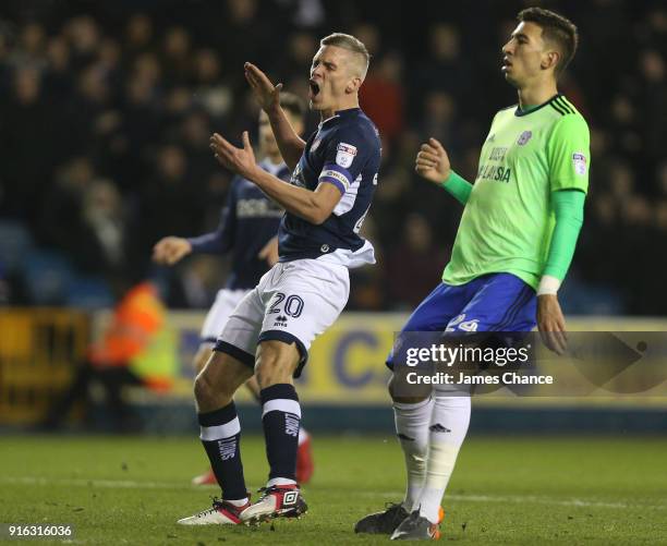 Steve Morison of Millwall reacts during the Sky Bet Championship match between Millwall and Cardiff Cityat The Den on February 9, 2018 in London,...