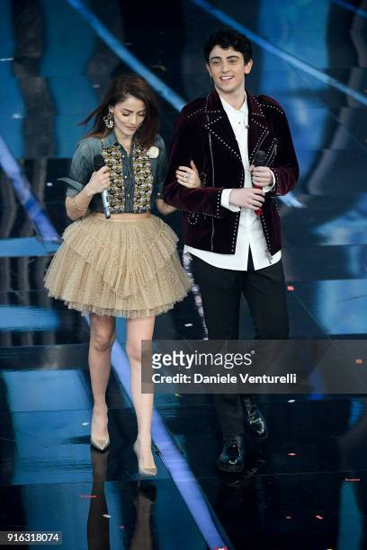 Annalisa and Michele Bravi attend the fourth night of the 68. Sanremo Music Festival on February 9, 2018 in Sanremo, Italy.