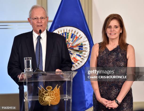 Peruvian President Pedro Pablo Kuczynski delivers a joint statement to the press with the Secretary General of the Organization of American States ,...