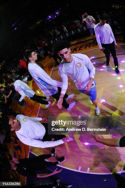 Lonzo Ball of the Los Angeles Lakers is introduced prior to the game against the Washington Wizards on October 25, 2017 at STAPLES Center in Los...