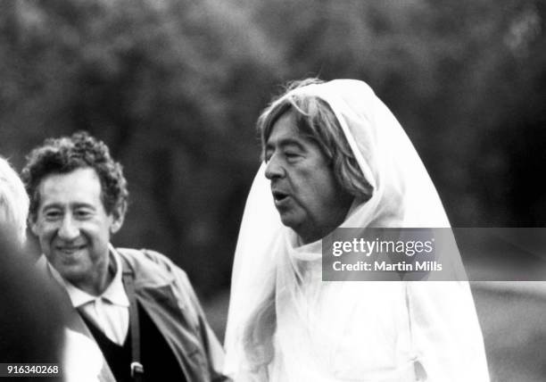 Actors Jack Gilford and Phil Silvers stand behind the scenes on the set of "A Funny Thing Happened on the way to the Forum" circa 1966.