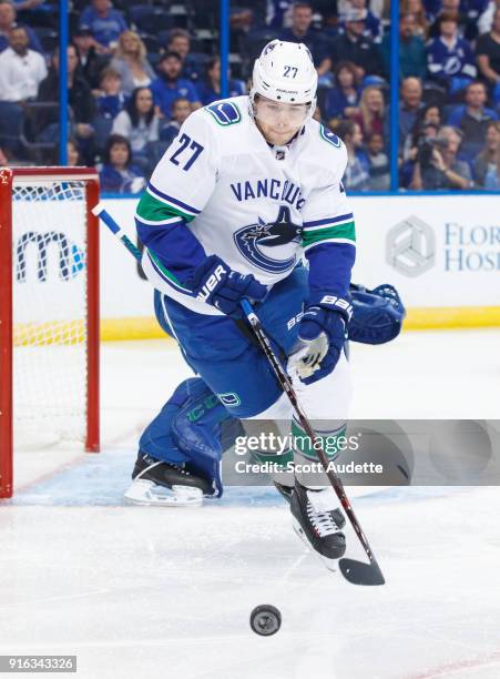 Ben Hutton of the Vancouver Canucks skates against the Tampa Bay Lightning at Amalie Arena on February 8, 2018 in Tampa, Florida. "n