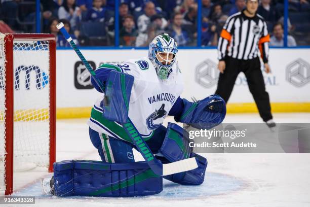 Goalie Anders Nilsson of the Vancouver Canucks skates against the Tampa Bay Lightning at Amalie Arena on February 8, 2018 in Tampa, Florida. "n