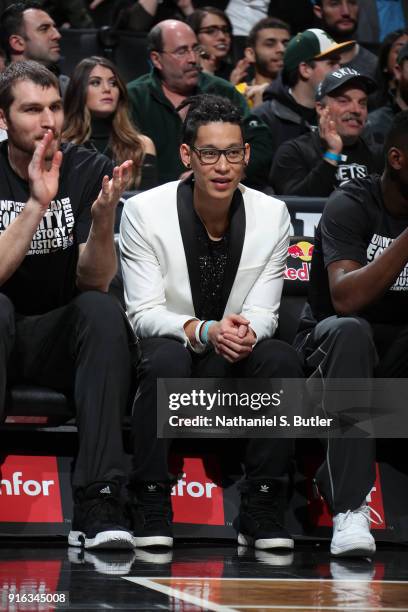 Jeremy Lin of the Brooklyn Nets looks on from the bench during the game against the Los Angeles Lakers on February 2, 2018 at Barclays Center in...