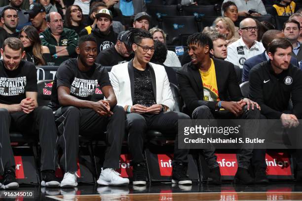Jeremy Lin of the Brooklyn Nets looks on from the bench during the game against the Los Angeles Lakers on February 2, 2018 at Barclays Center in...
