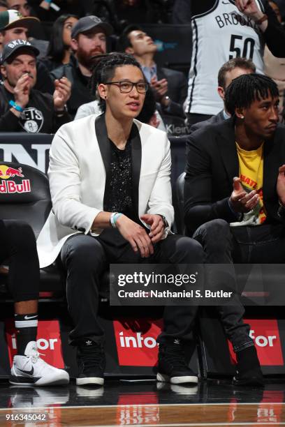 Jeremy Lin of the Brooklyn Nets looks on from the bench during the game against the Los Angeles Lakers on February 2, 2018 at Barclays Center in...