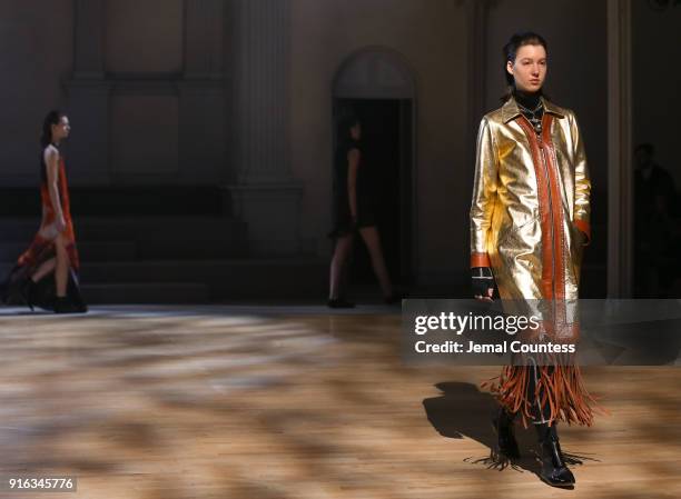 Model walks the runway wearing Linder during New York Fashion Week at St. Marks Church on February 9, 2018 in New York City.