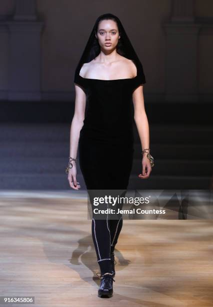 Model walks the runway wearing Linder during New York Fashion Week at St. Marks Church on February 9, 2018 in New York City.