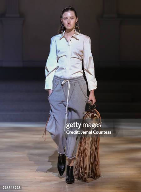 Model walks the runway wearing Linder during New York Fashion Week at St. Marks Church on February 9, 2018 in New York City.