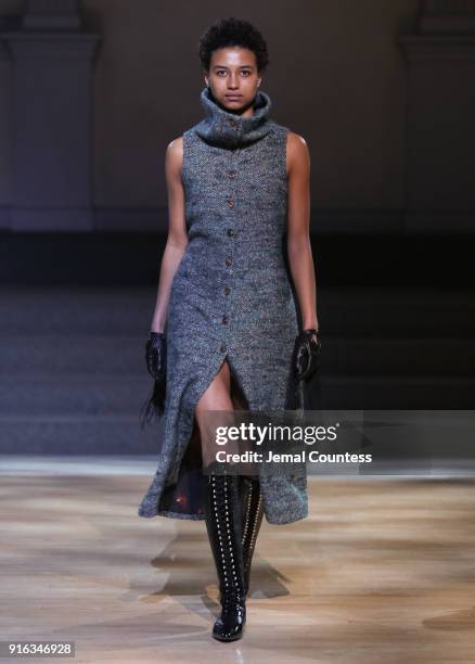 Model walks the runway wearing Linder during New York Fashion Week at St. Marks Church on February 9, 2018 in New York City.