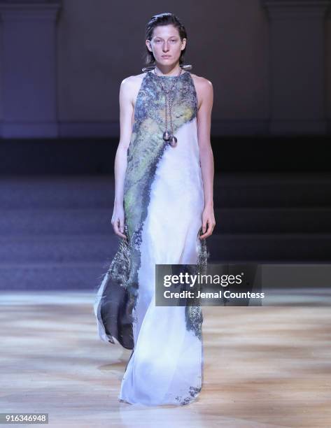 Model walks the runway wearing Linder during New York Fashion Week at St. Marks Church on February 9, 2018 in New York City.
