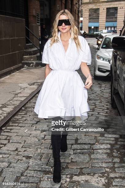 Model Jessica Hart is seen leaving the Brock Collection during New York Fashion Week: The shows at Gallery II at Spring Studios on February 9, 2018...