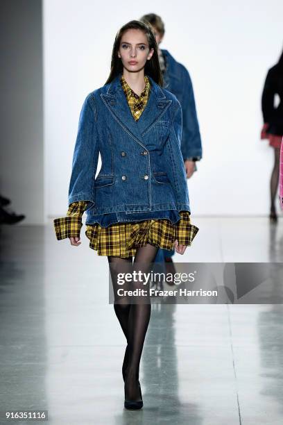 Model walks the runway for Matthew Adams Dolan during New York Fashion Week presented by Made at Gallery II at Spring Studios on February 9, 2018 in...