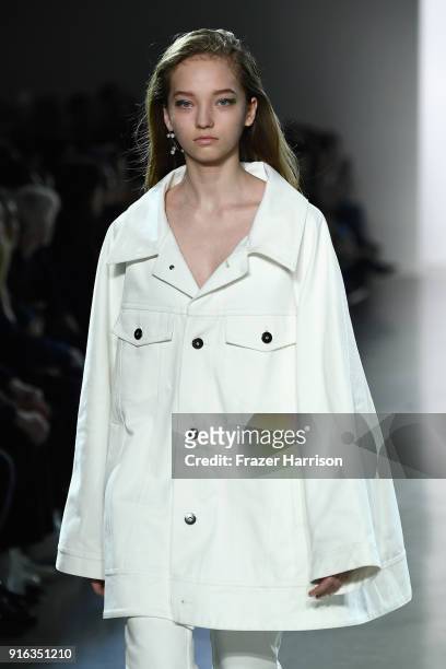 Model walks the runway for Matthew Adams Dolan during New York Fashion Week presented by Made at Gallery II at Spring Studios on February 9, 2018 in...