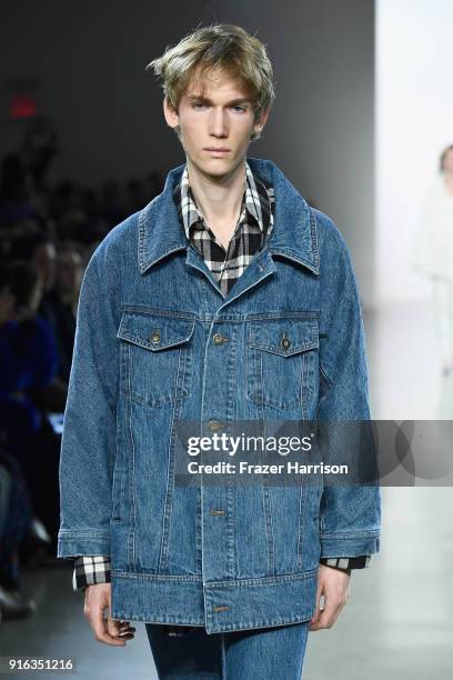 Model walks the runway for Matthew Adams Dolan during New York Fashion Week presented by Made at Gallery II at Spring Studios on February 9, 2018 in...